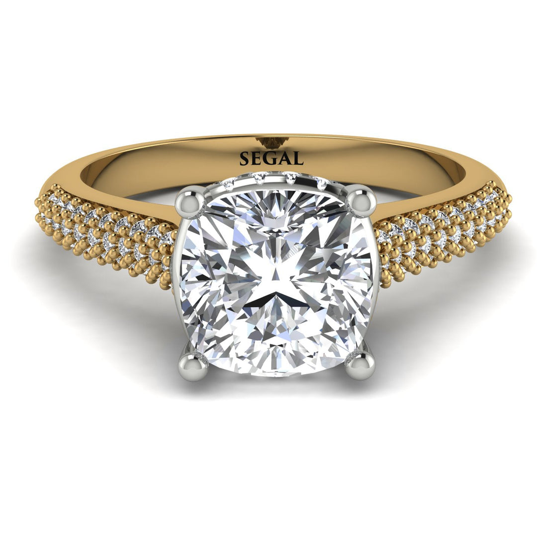 Two Tones Luxury Pave Cushion Cut Diamond Engagement Ring With Hidden Stone - Esmeralda No. 77