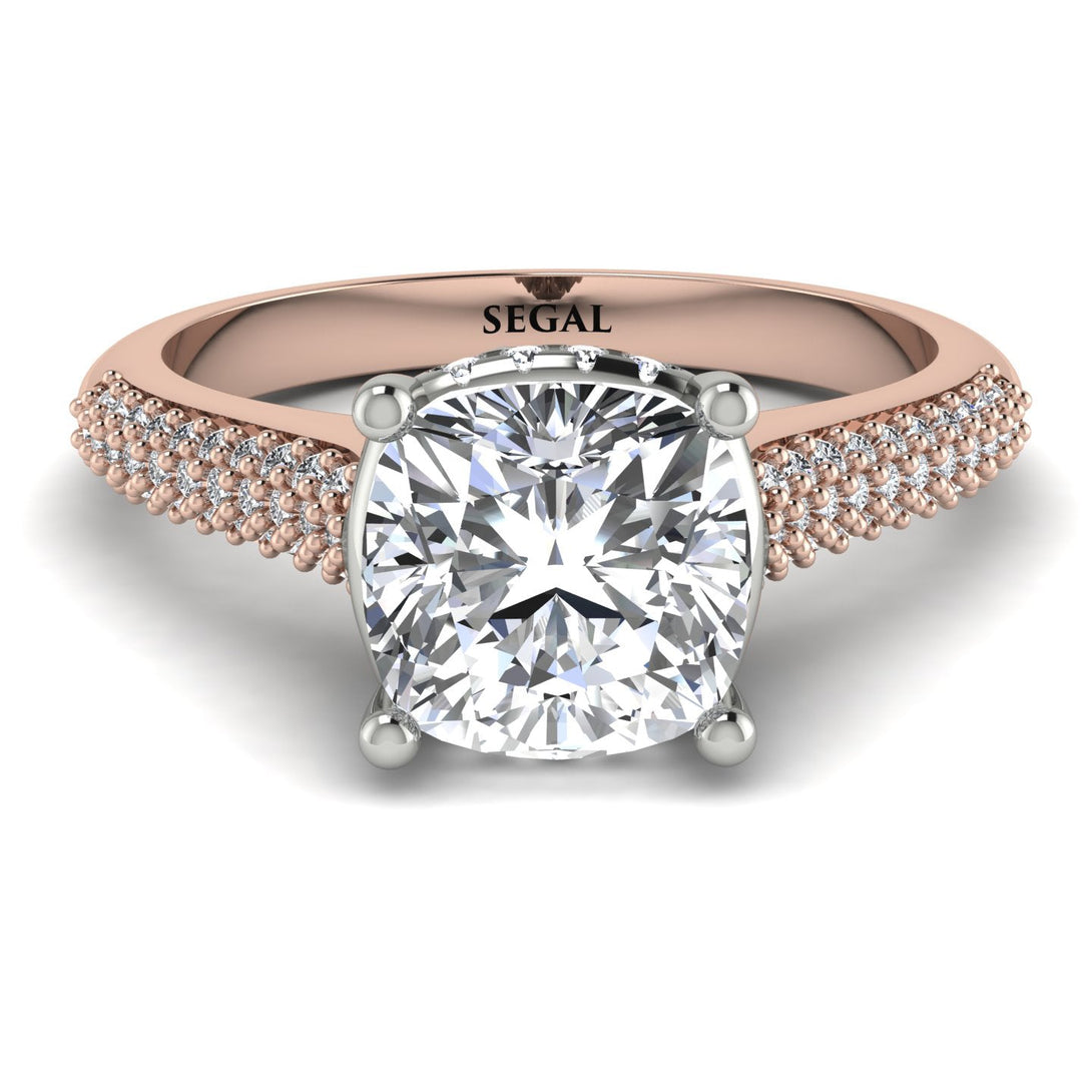 Two Tones Luxury Pave Cushion Cut Diamond Engagement Ring With Hidden Stone - Esmeralda No. 78