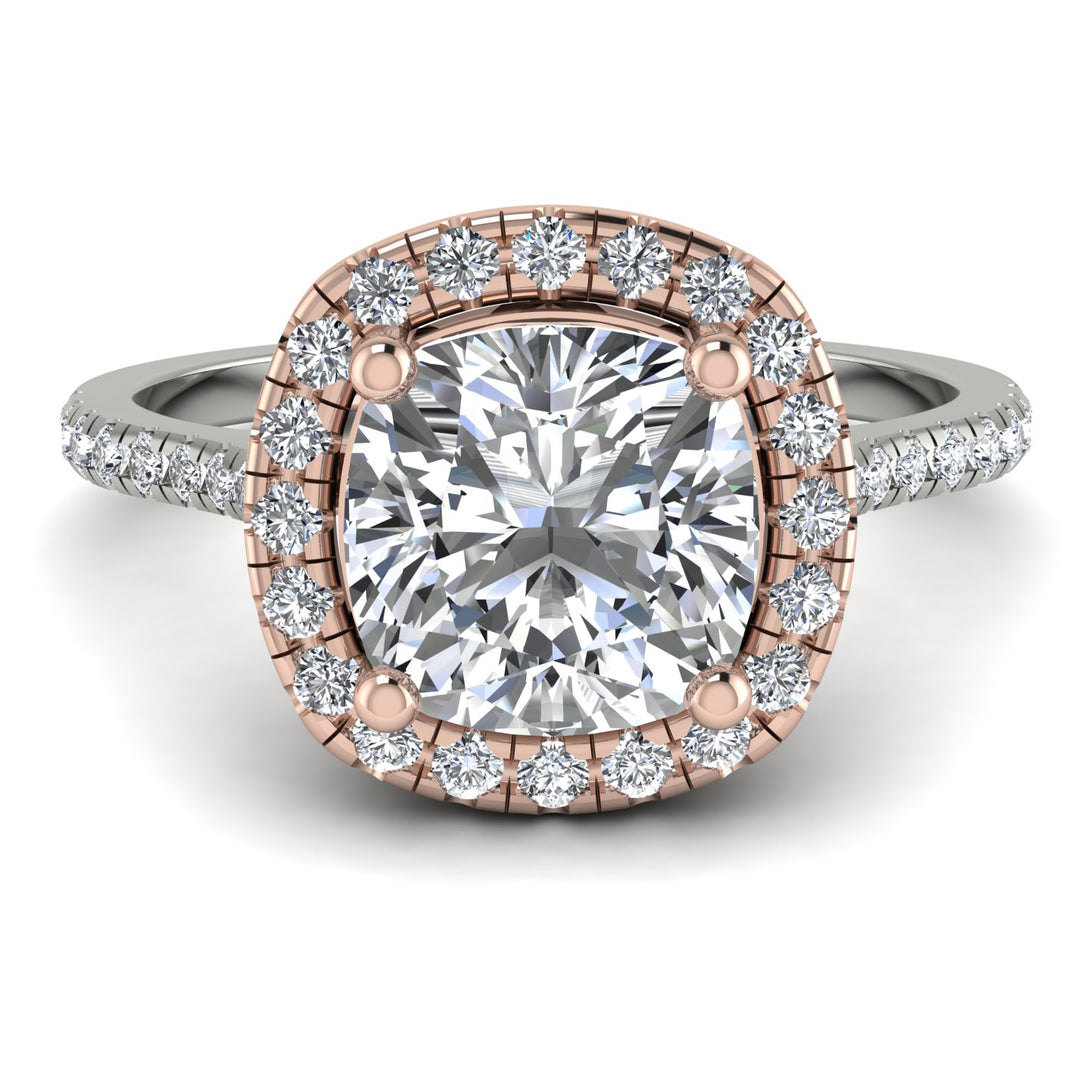 Two Tones Gorgeous Cushion Cut Diamond Pave Engagement Ring With Hidden Stone - Kira No. 78