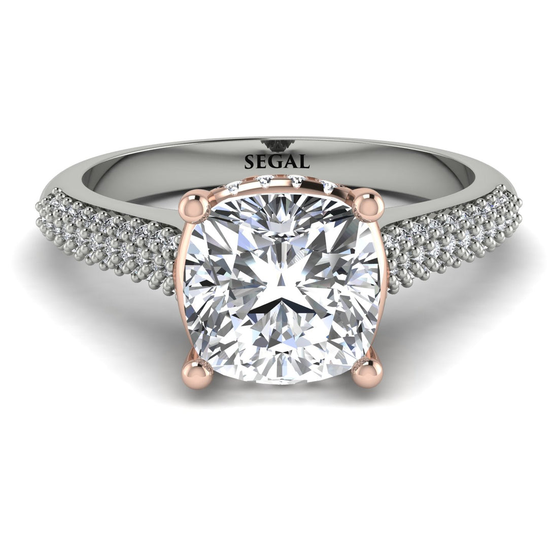 Two Tones Luxury Pave Cushion Cut Diamond Engagement Ring With Hidden Stone - Esmeralda No. 78