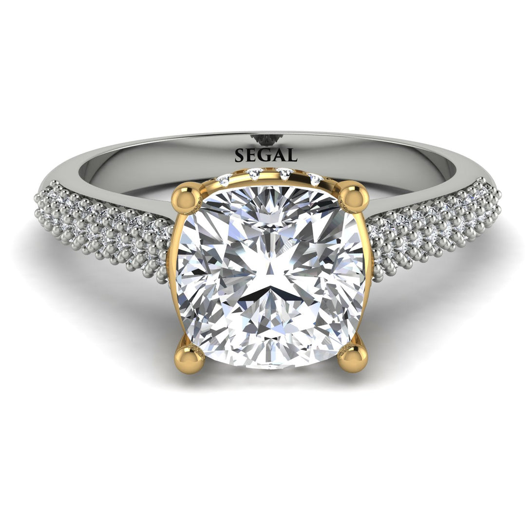 Two Tones Luxury Pave Cushion Cut Diamond Engagement Ring With Hidden Stone - Esmeralda No. 77