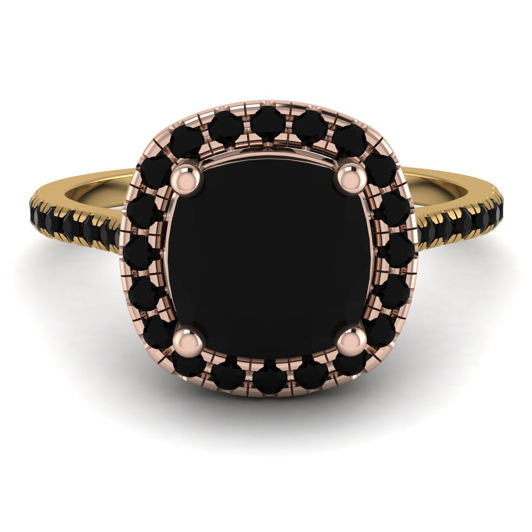 Two Tones Gorgeous Cushion Cut Black Diamond Pave Engagement Ring With Hidden Stone - Kira No. 79