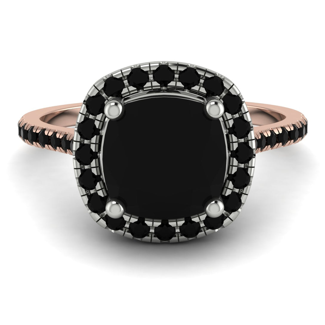 Two Tones Gorgeous Cushion Cut Black Diamond Pave Engagement Ring With Hidden Stone - Kira No. 81