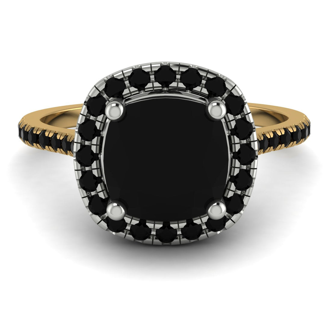 Two Tones Gorgeous Cushion Cut Black Diamond Pave Engagement Ring With Hidden Stone - Kira No. 80