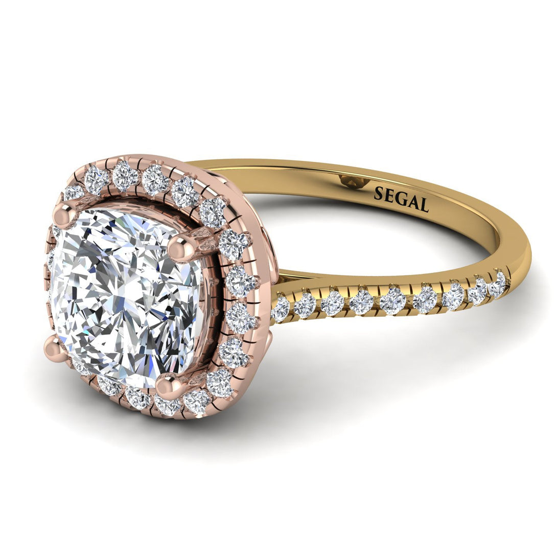 Two Tones Gorgeous Cushion Cut Diamond Pave Engagement Ring With Hidden Stone - Kira No. 76