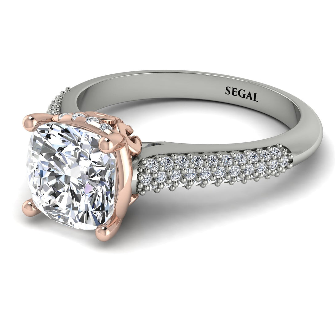 Two Tones Luxury Pave Cushion Cut Diamond Engagement Ring With Hidden Stone - Esmeralda No. 78