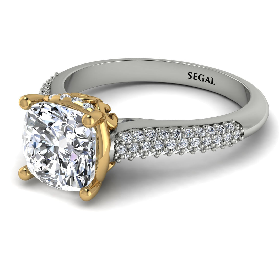 Two Tones Luxury Pave Cushion Cut Diamond Engagement Ring With Hidden Stone - Esmeralda No. 77