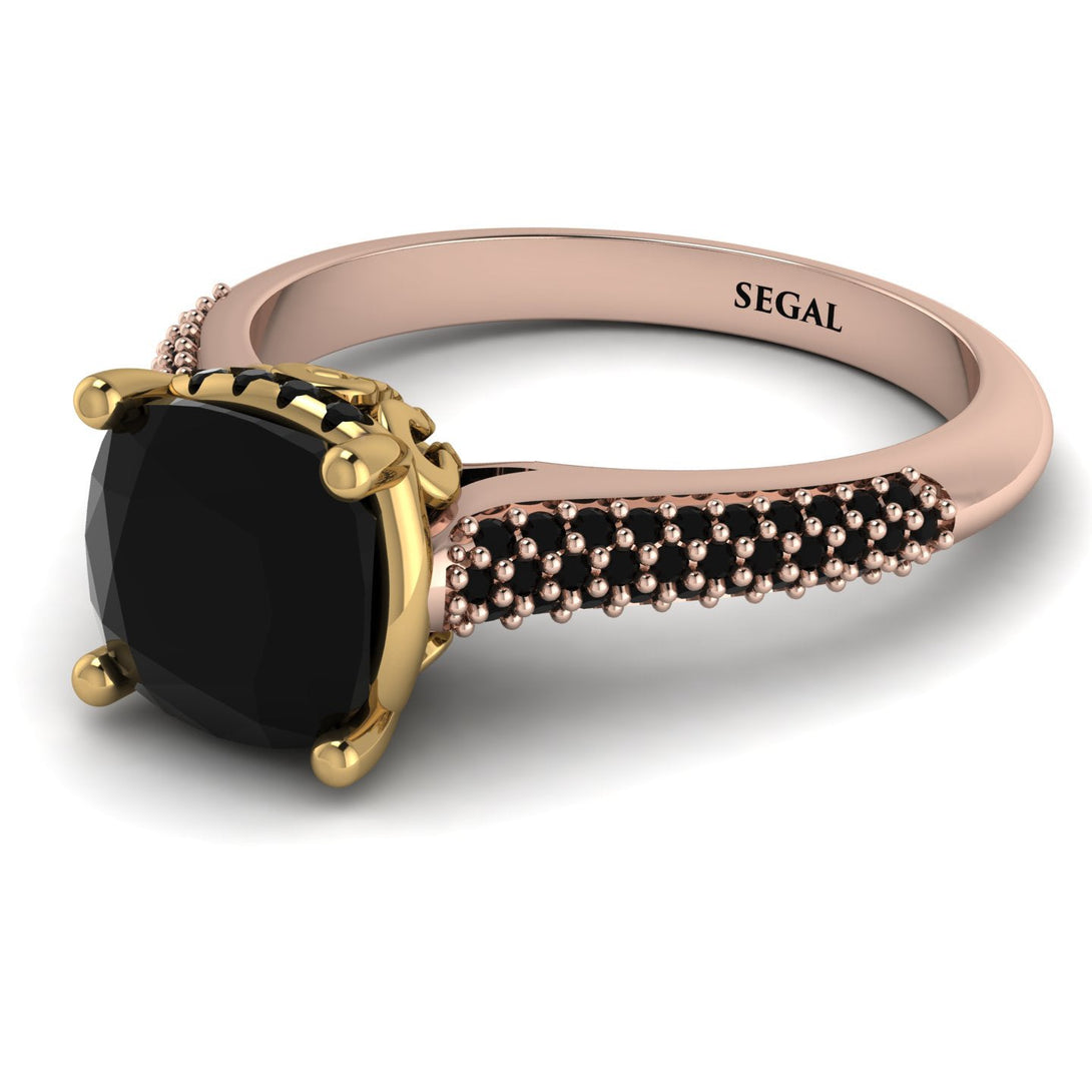 Two Tones Luxury Pave Cushion Cut Black Diamond Engagement Ring With Hidden Stone - Esmeralda No. 79