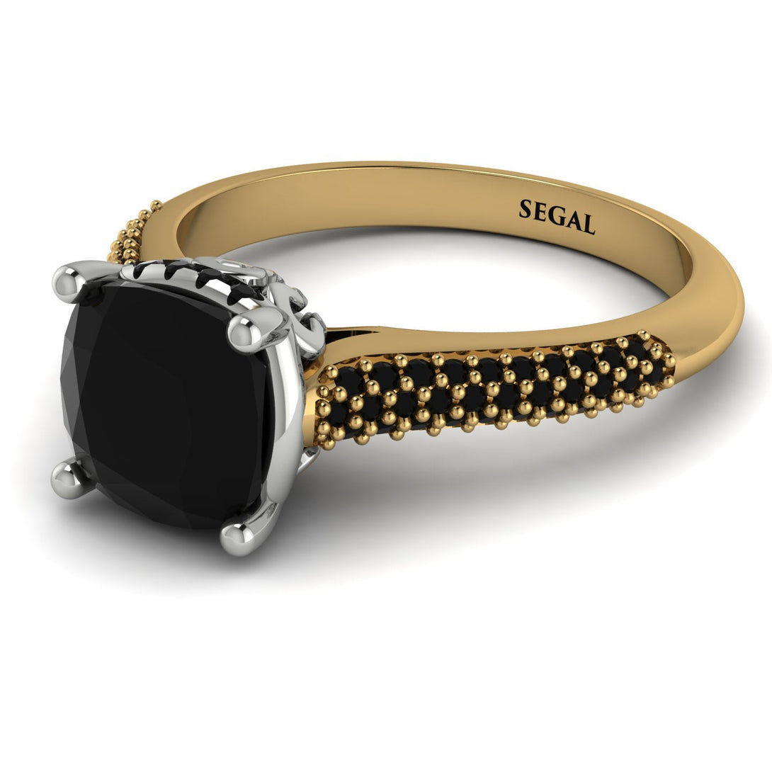Two Tones Luxury Pave Cushion Cut Black Diamond Engagement Ring With Hidden Stone - Esmeralda No. 80