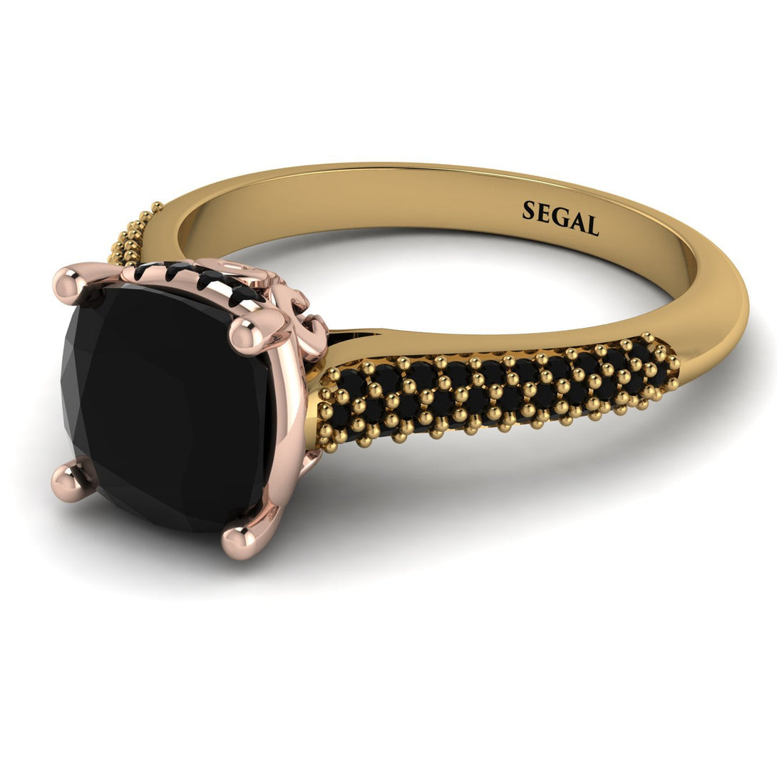 Two Tones Luxury Pave Cushion Cut Black Diamond Engagement Ring With Hidden Stone - Esmeralda No. 79