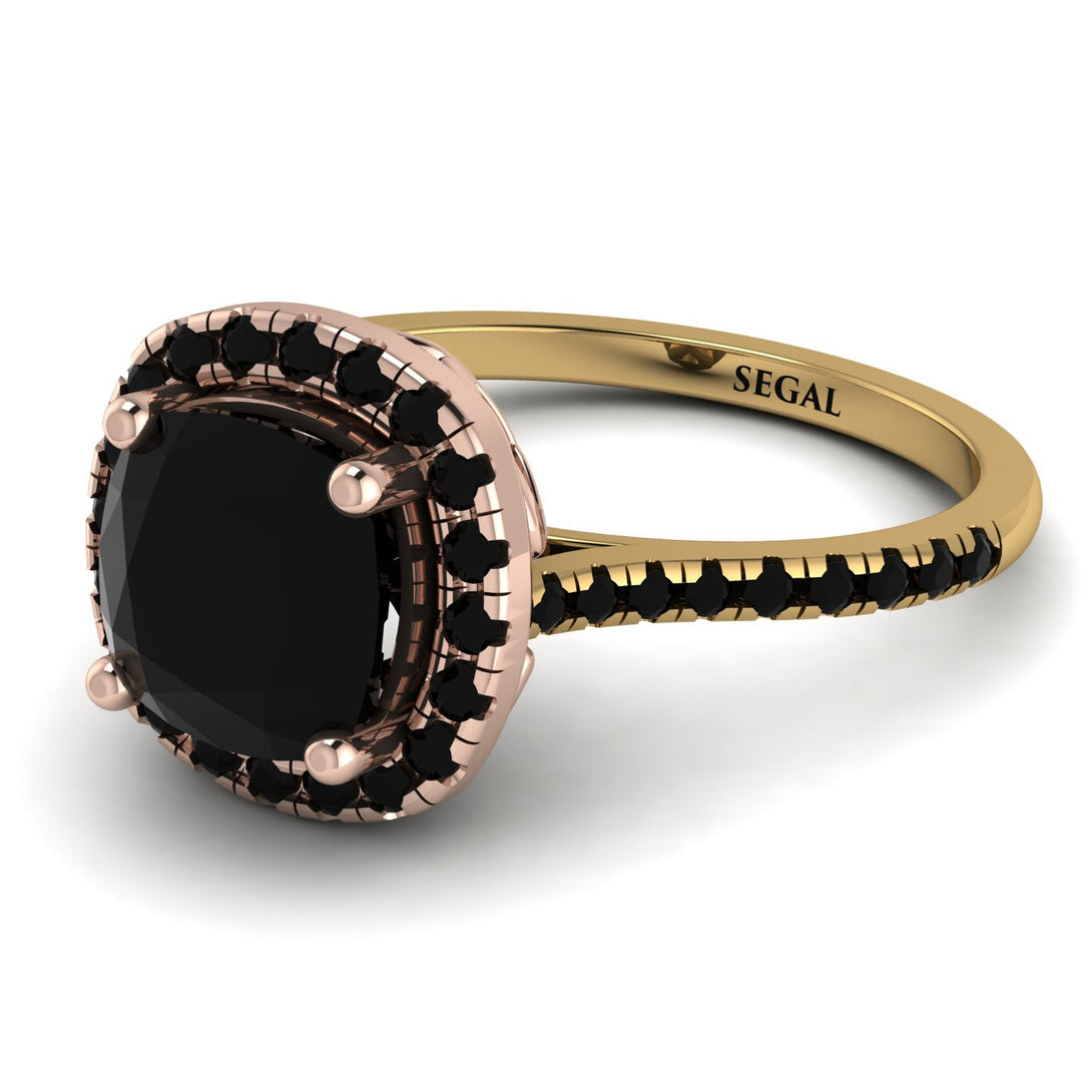 Two Tones Gorgeous Cushion Cut Black Diamond Pave Engagement Ring With Hidden Stone - Kira No. 79