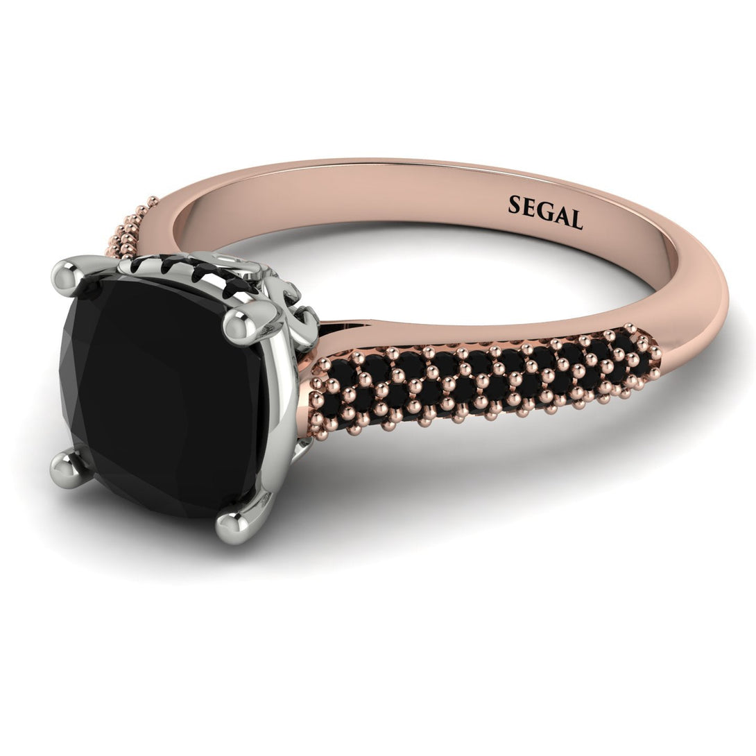 Two Tones Luxury Pave Cushion Cut Black Diamond Engagement Ring With Hidden Stone - Esmeralda No. 81