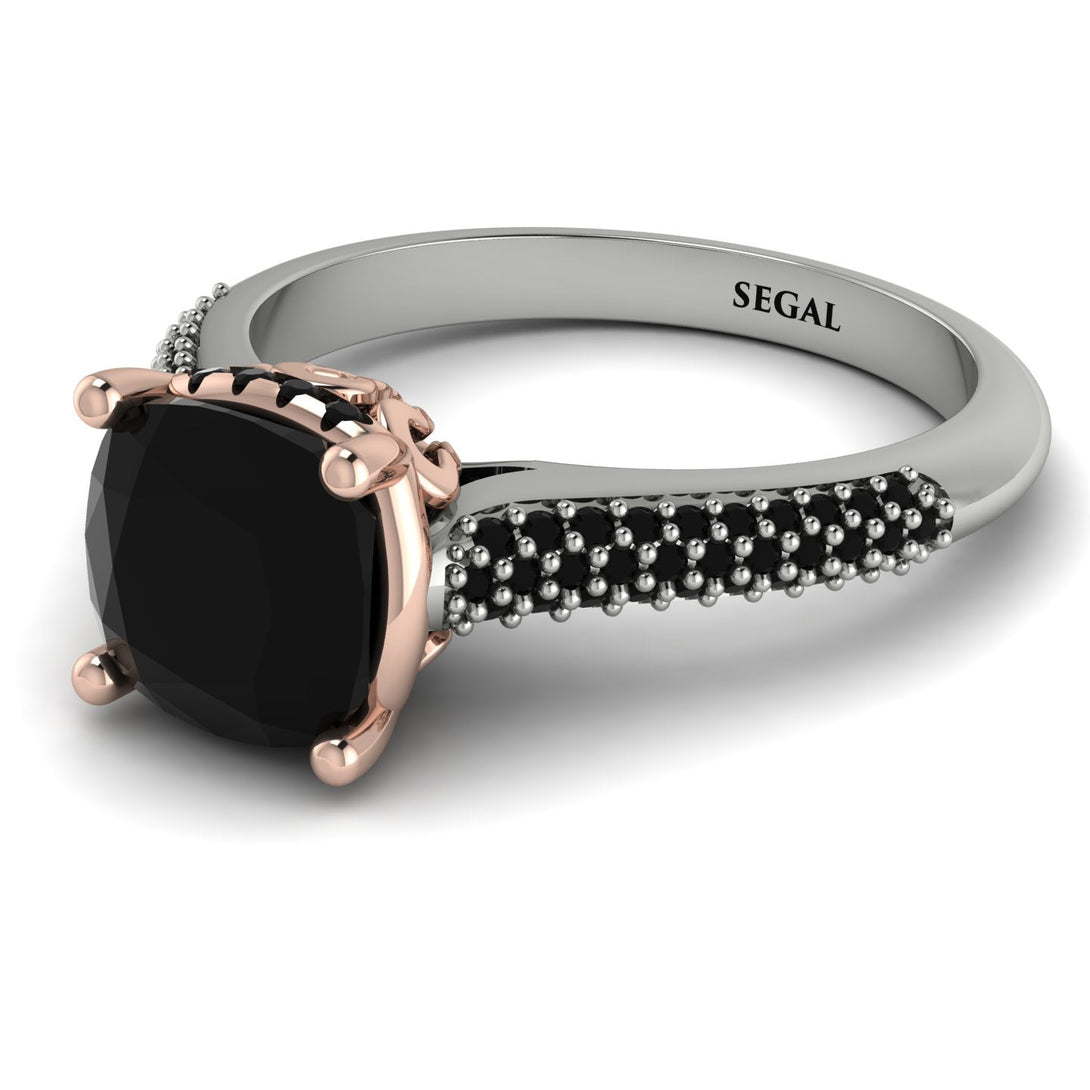 Two Tones Luxury Pave Cushion Cut Black Diamond Engagement Ring With Hidden Stone - Esmeralda No. 81