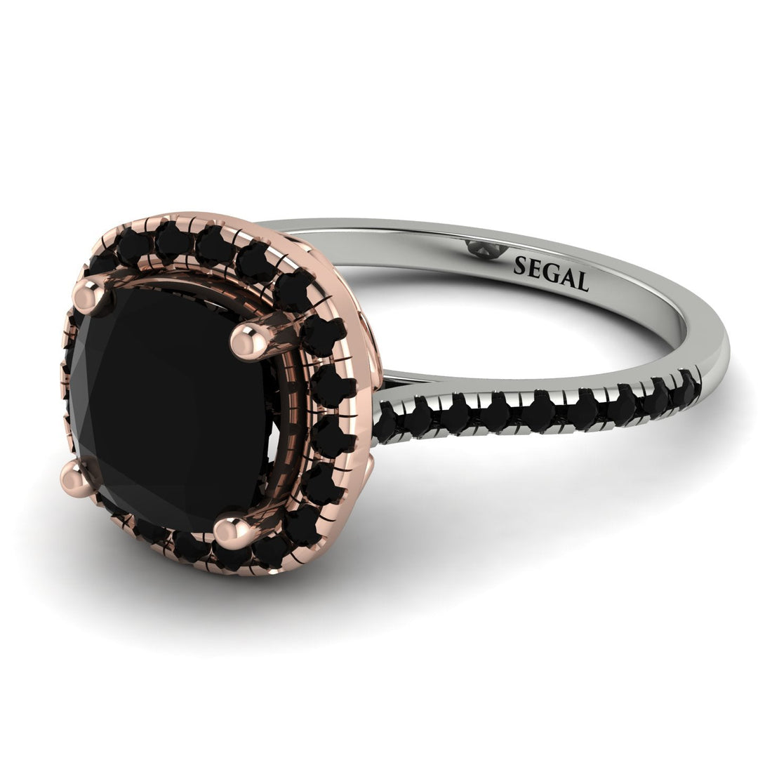 Two Tones Gorgeous Cushion Cut Black Diamond Pave Engagement Ring With Hidden Stone - Kira No. 81