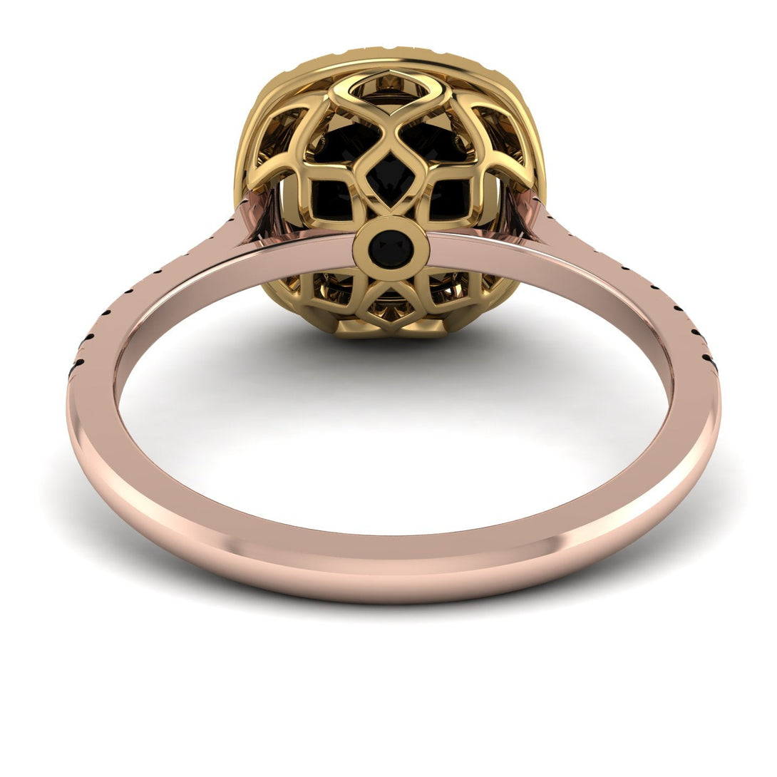 Two Tones Gorgeous Cushion Cut Black Diamond Pave Engagement Ring With Hidden Stone - Kira No. 79