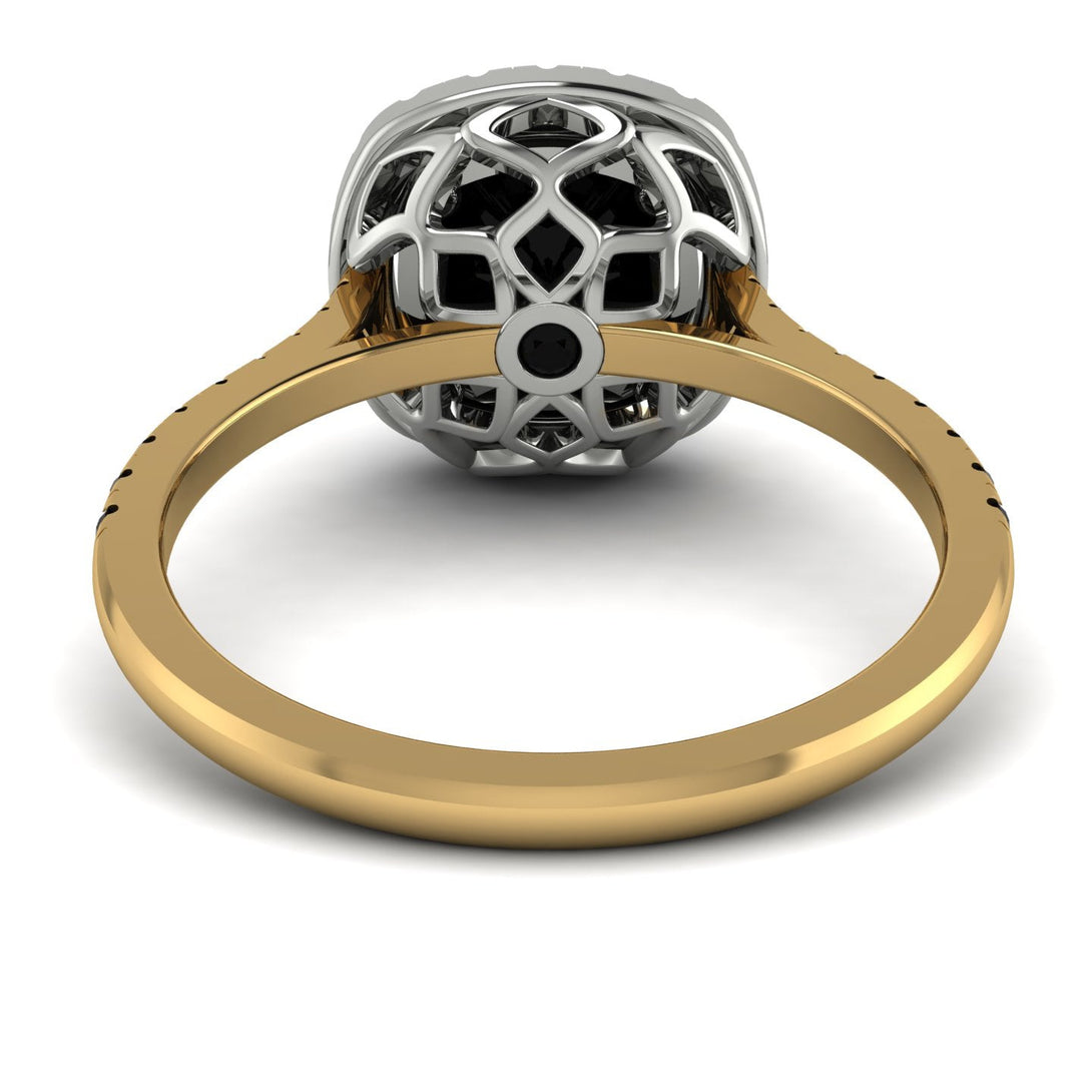 Two Tones Gorgeous Cushion Cut Black Diamond Pave Engagement Ring With Hidden Stone - Kira No. 80