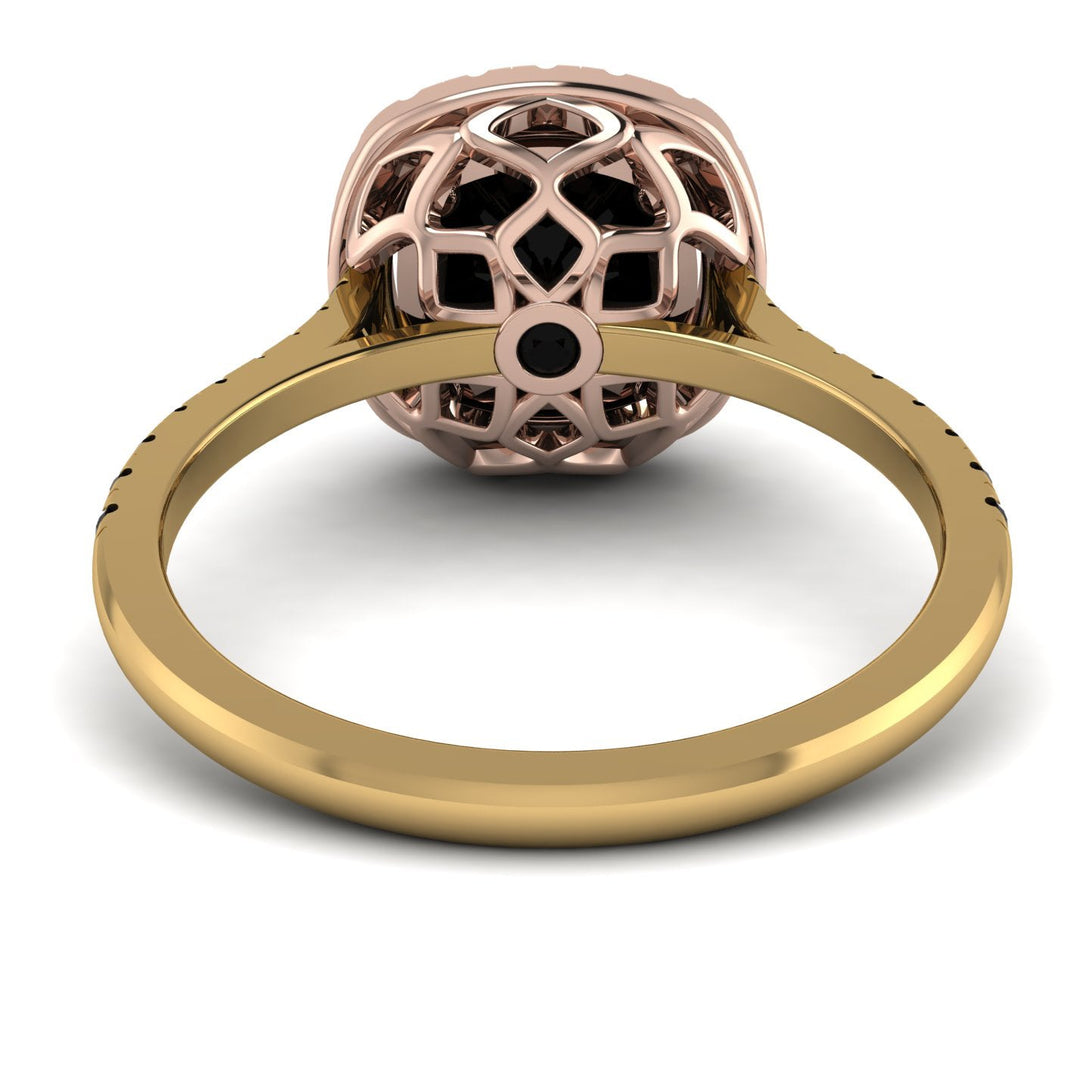 Two Tones Gorgeous Cushion Cut Black Diamond Pave Engagement Ring With Hidden Stone - Kira No. 79