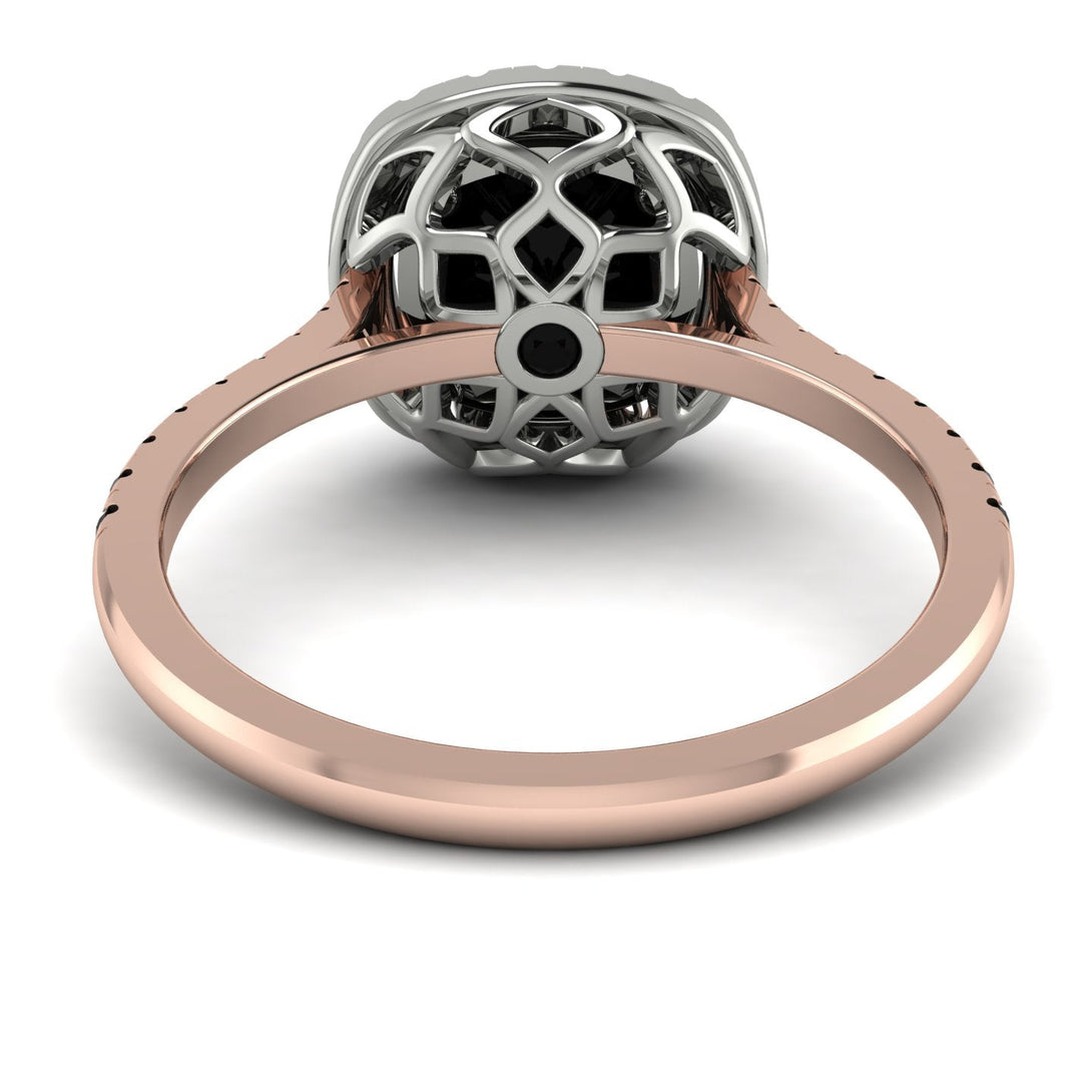 Two Tones Gorgeous Cushion Cut Black Diamond Pave Engagement Ring With Hidden Stone - Kira No. 81