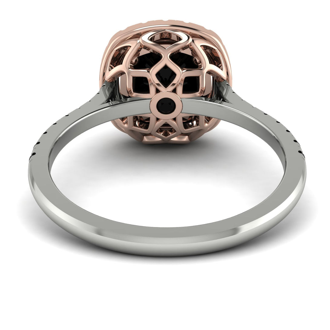 Two Tones Gorgeous Cushion Cut Black Diamond Pave Engagement Ring With Hidden Stone - Kira No. 81