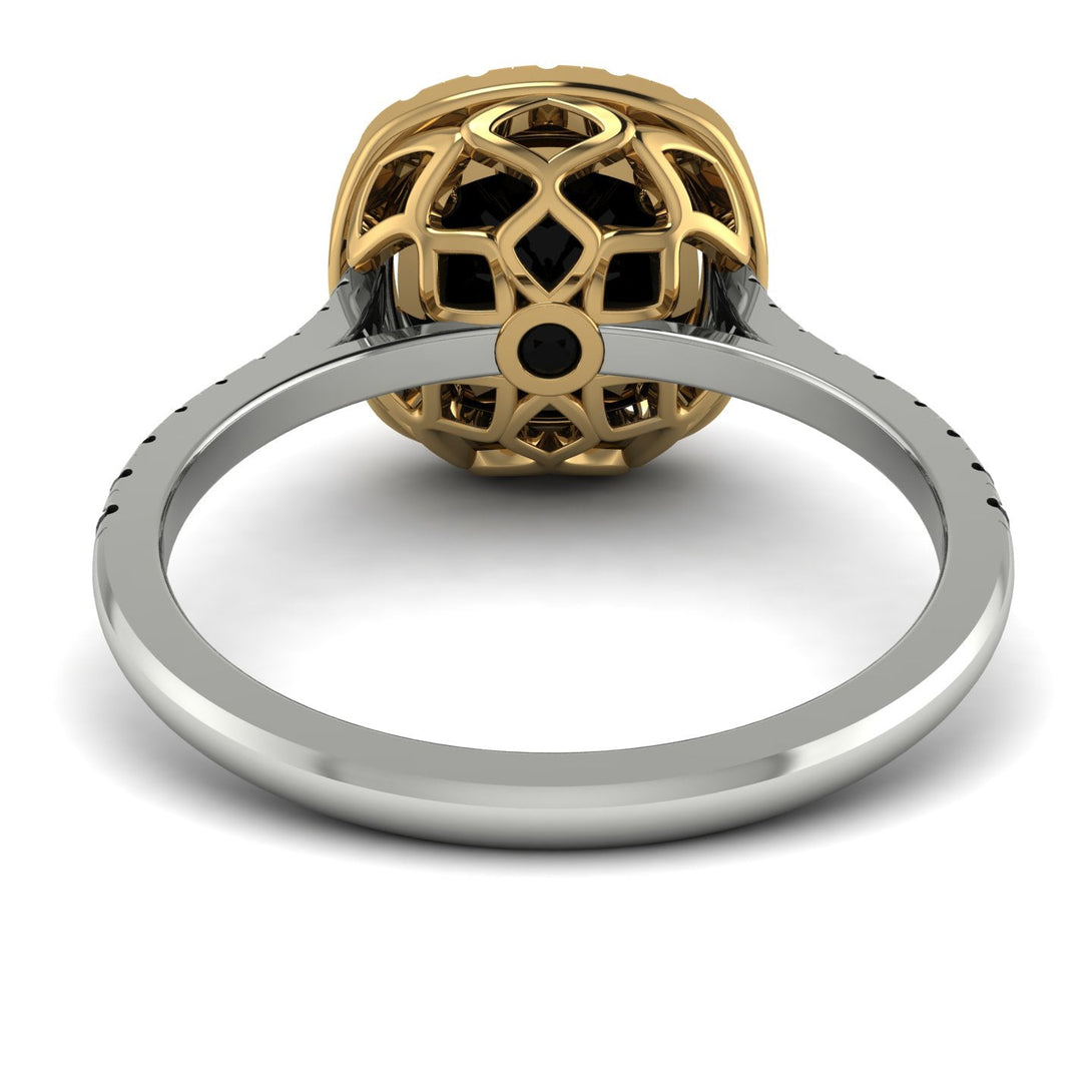 Two Tones Gorgeous Cushion Cut Black Diamond Pave Engagement Ring With Hidden Stone - Kira No. 80