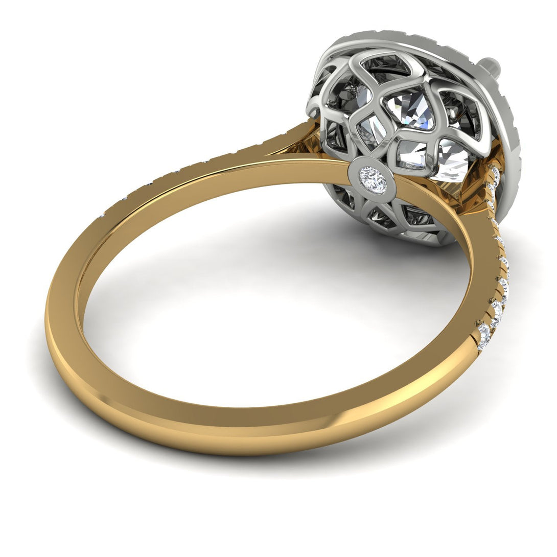 Two Tones Gorgeous Cushion Cut Diamond Pave Engagement Ring With Hidden Stone - Kira No. 77