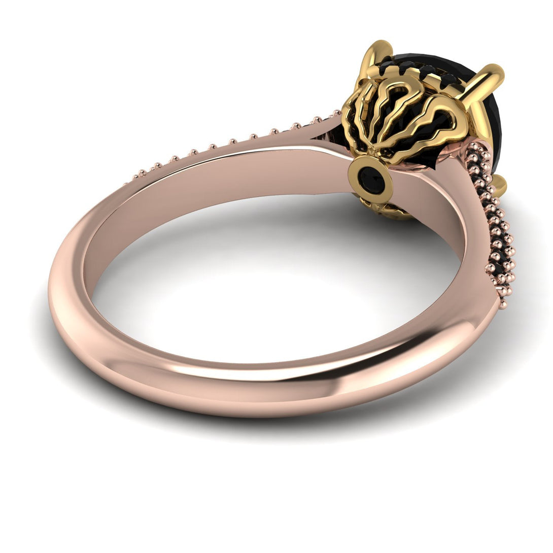 Two Tones Luxury Pave Cushion Cut Black Diamond Engagement Ring With Hidden Stone - Esmeralda No. 79