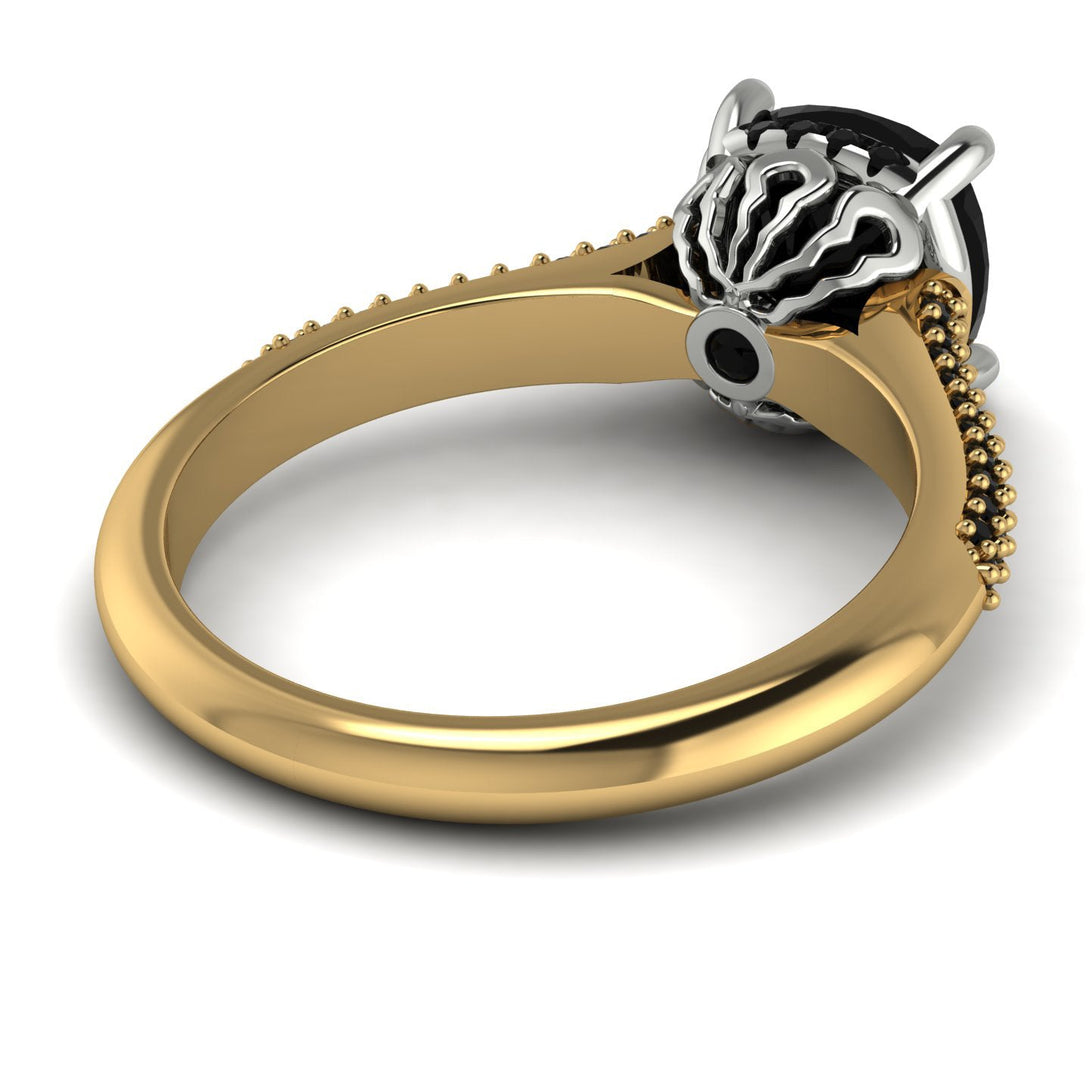 Two Tones Luxury Pave Cushion Cut Black Diamond Engagement Ring With Hidden Stone - Esmeralda No. 80