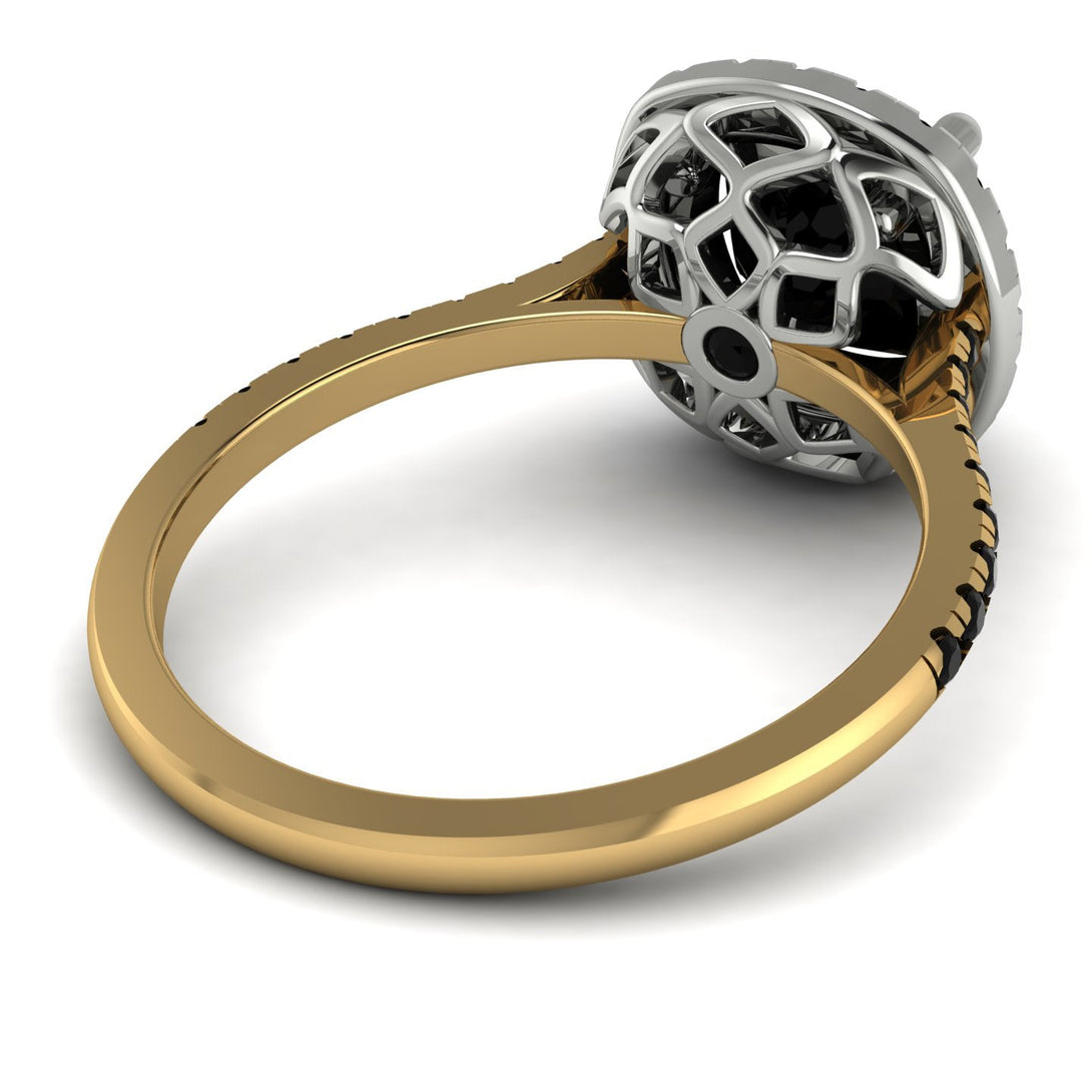 Two Tones Gorgeous Cushion Cut Black Diamond Pave Engagement Ring With Hidden Stone - Kira No. 80