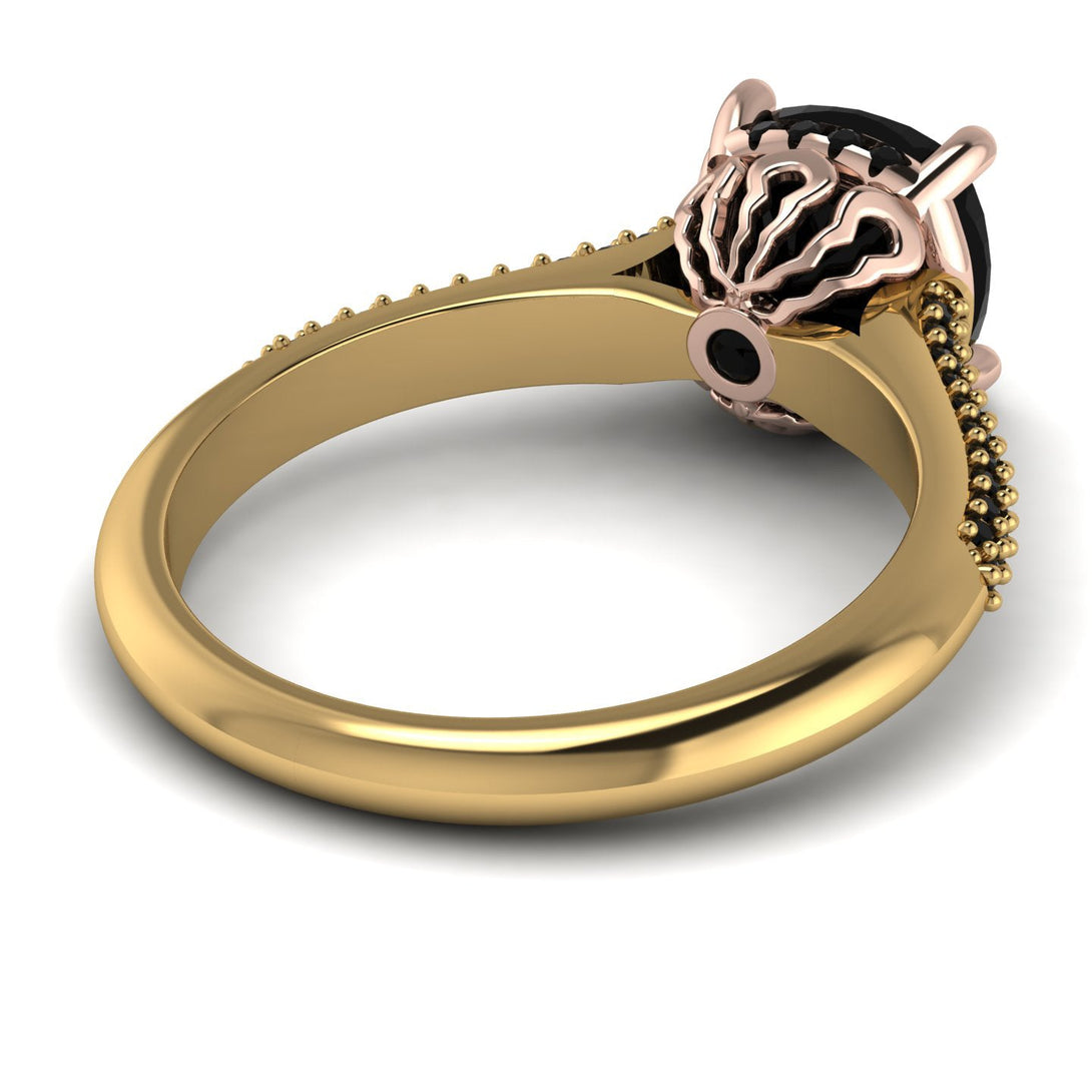 Two Tones Luxury Pave Cushion Cut Black Diamond Engagement Ring With Hidden Stone - Esmeralda No. 79