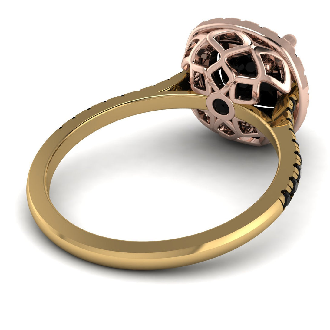 Two Tones Gorgeous Cushion Cut Black Diamond Pave Engagement Ring With Hidden Stone - Kira No. 79