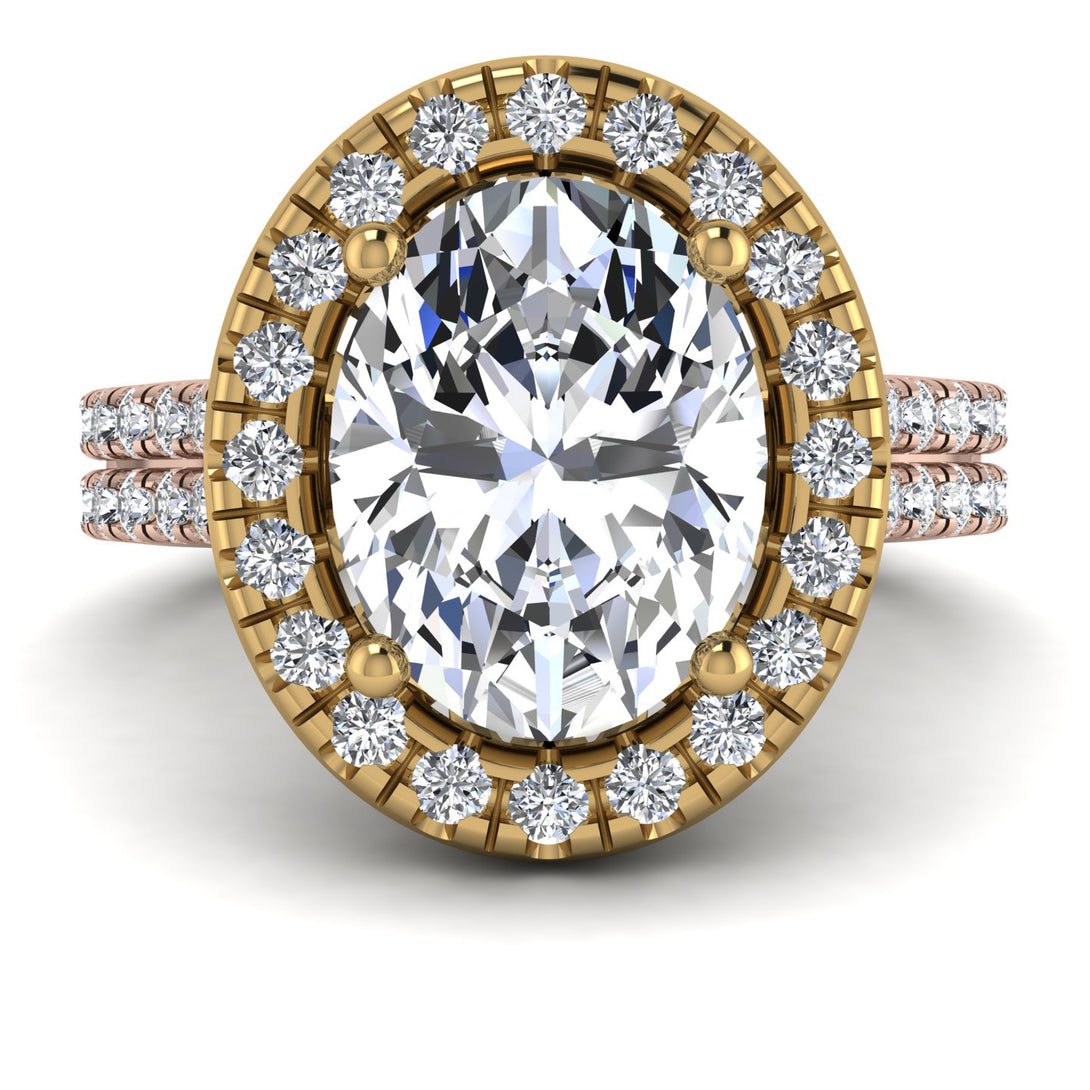 Two Tones Gorgeous Oval Cut Diamond Pave Double Shank Engagement Ring With Hidden Stone - Phoebe No. 76