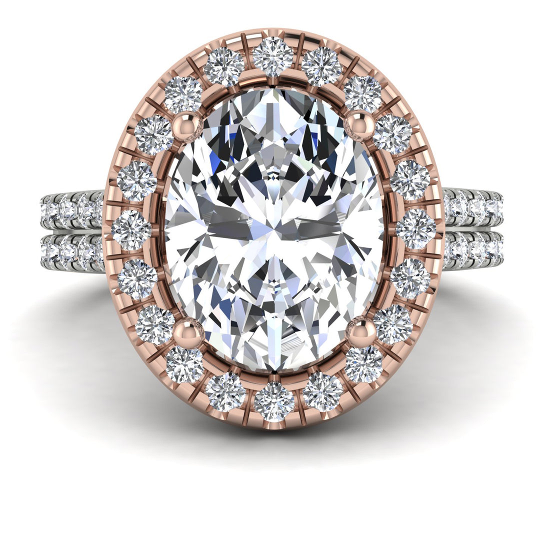 Two Tones Gorgeous Oval Cut Diamond Pave Double Shank Engagement Ring With Hidden Stone - Phoebe No. 78
