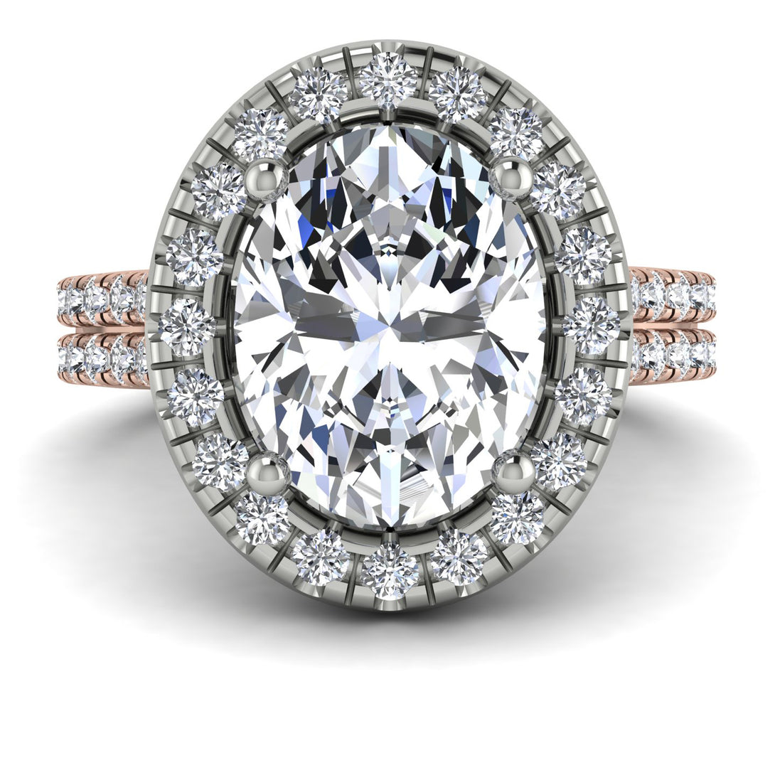 Two Tones Gorgeous Oval Cut Diamond Pave Double Shank Engagement Ring With Hidden Stone - Phoebe No. 78