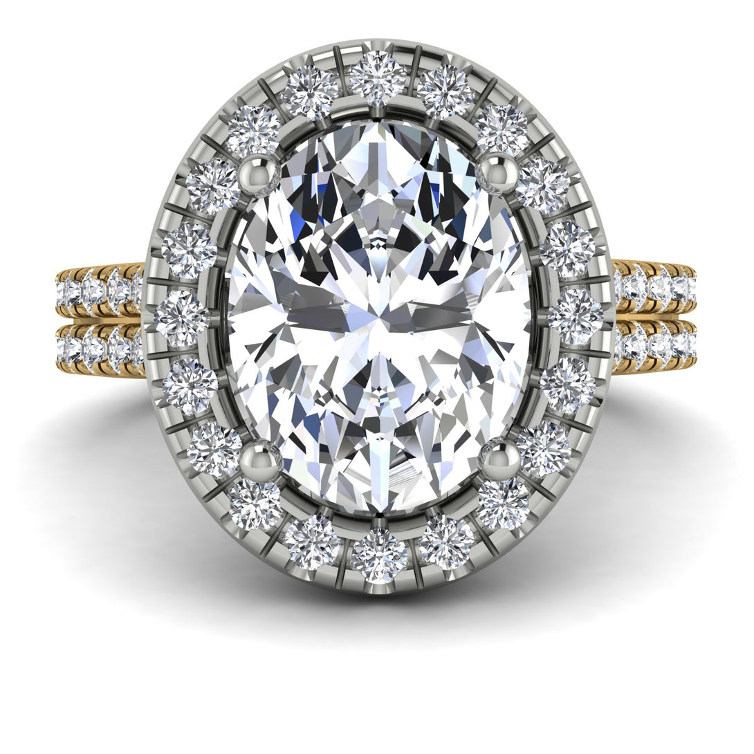 Two Tones Gorgeous Oval Cut Diamond Pave Double Shank Engagement Ring With Hidden Stone - Phoebe No. 77