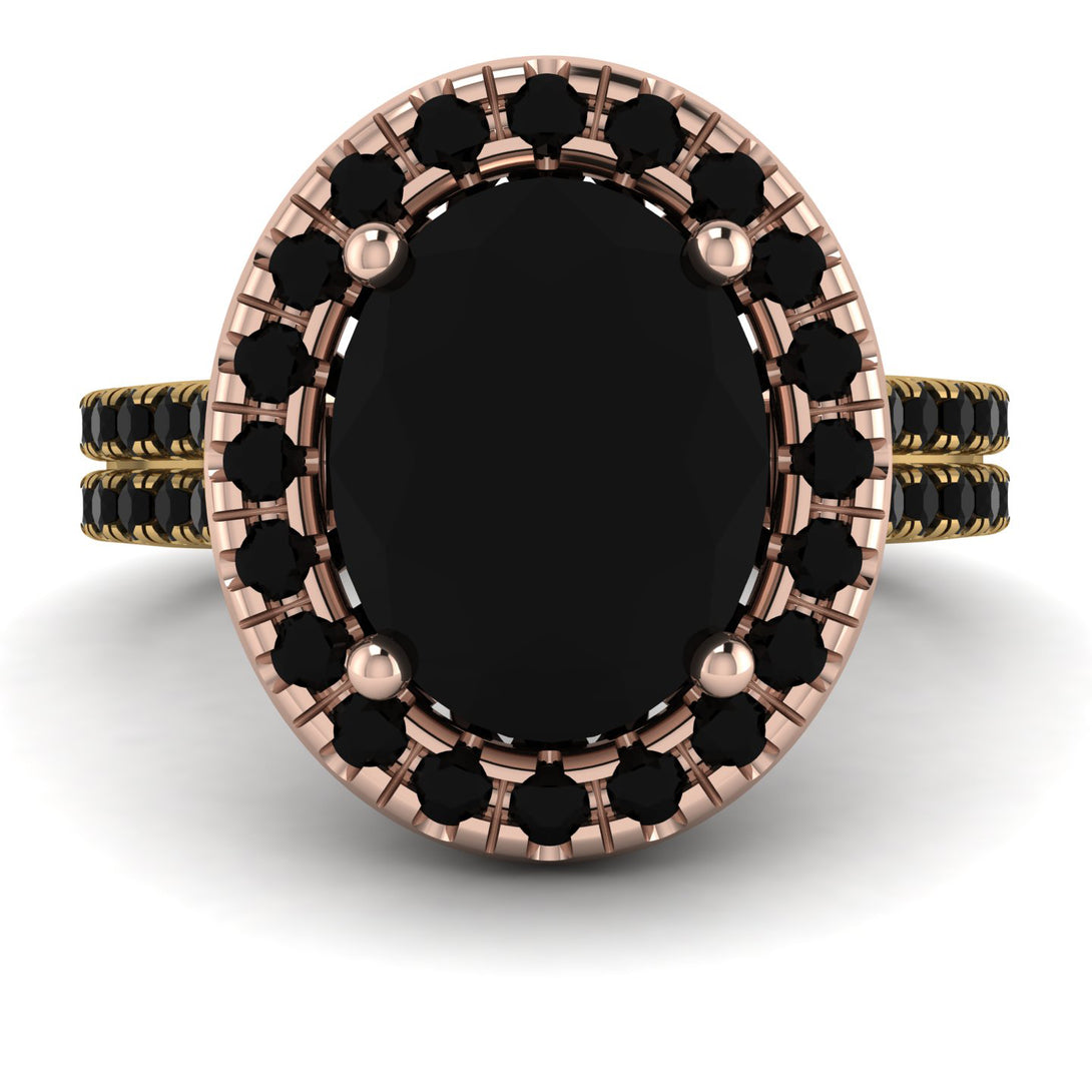 Two Tones Gorgeous Oval Cut Black Diamond Pave Double Shank Engagement Ring With Hidden Stone - Phoebe No. 79