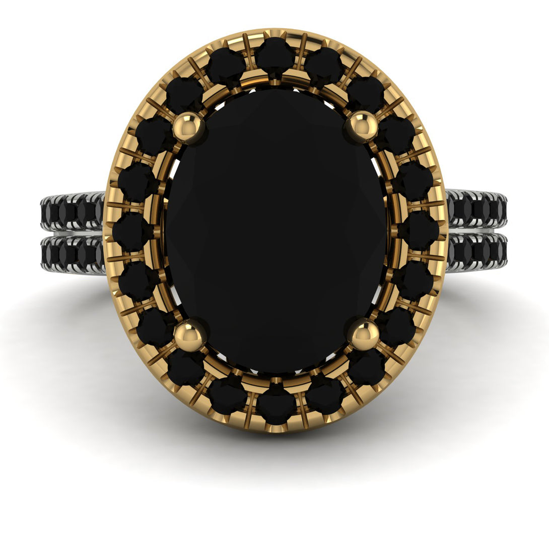 Two Tones Gorgeous Oval Cut Black Diamond Pave Double Shank Engagement Ring With Hidden Stone - Phoebe No. 80