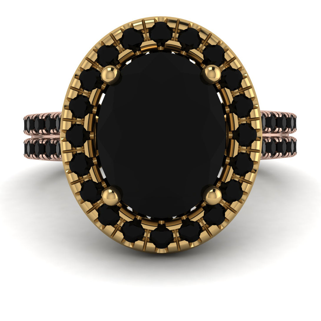 Two Tones Gorgeous Oval Cut Black Diamond Pave Double Shank Engagement Ring With Hidden Stone - Phoebe No. 79