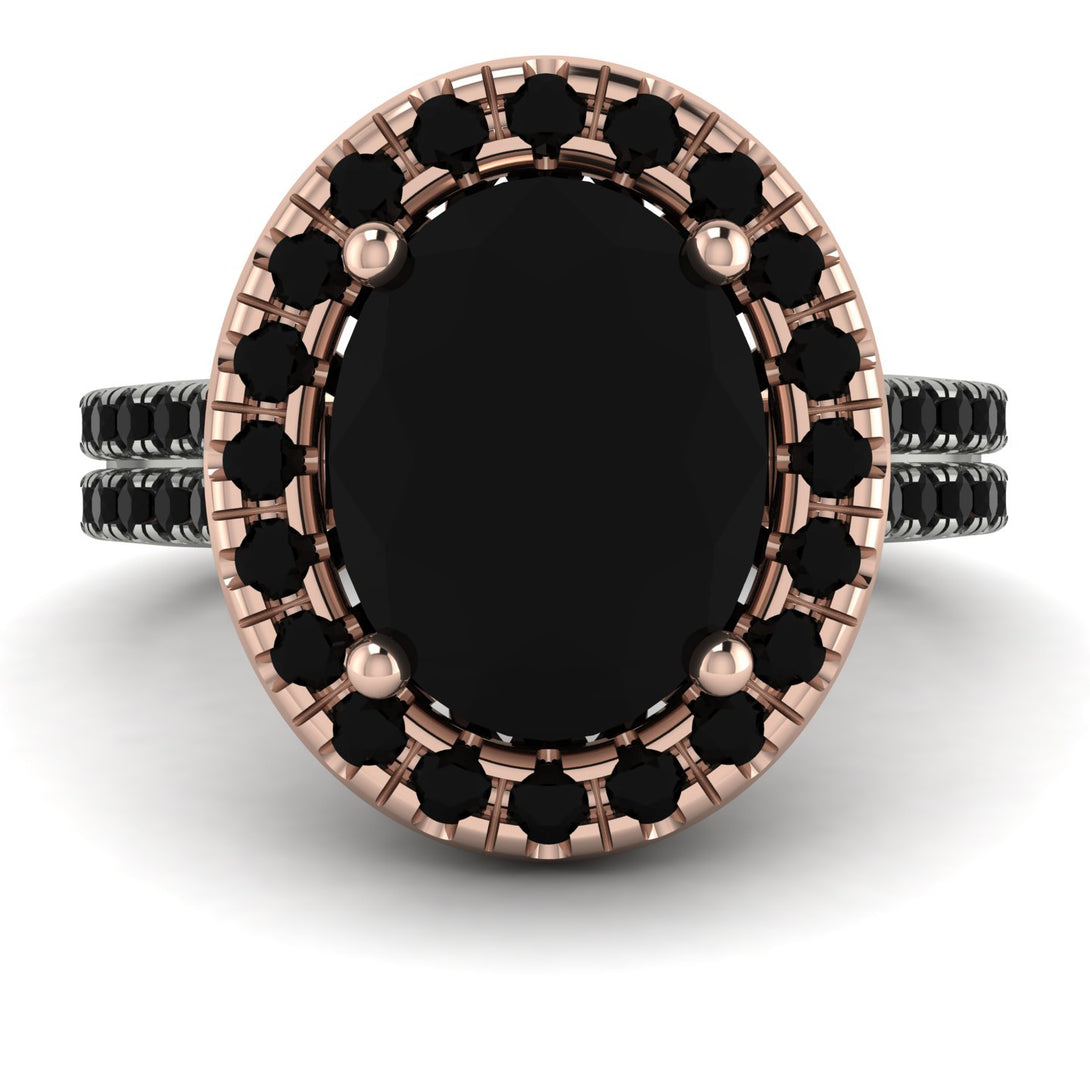 Two Tones Gorgeous Oval Cut Black Diamond Pave Double Shank Engagement Ring With Hidden Stone - Phoebe No. 81