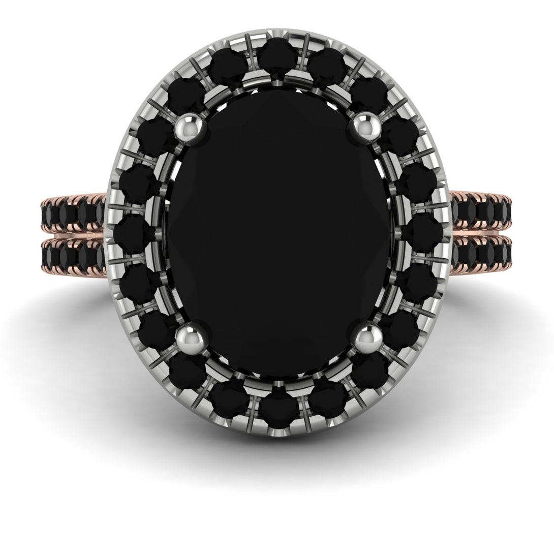 Two Tones Gorgeous Oval Cut Black Diamond Pave Double Shank Engagement Ring With Hidden Stone - Phoebe No. 81