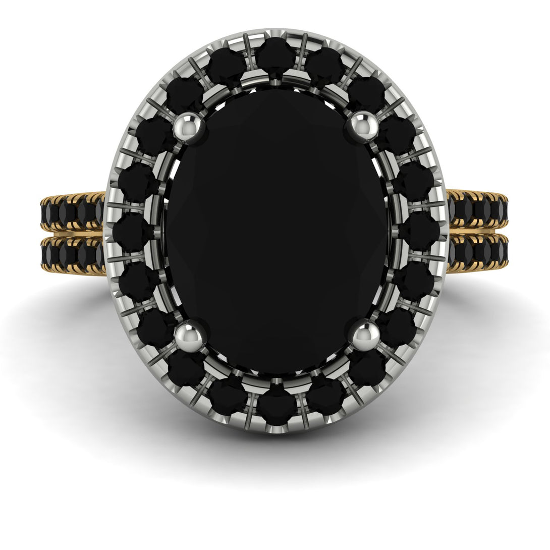 Two Tones Gorgeous Oval Cut Black Diamond Pave Double Shank Engagement Ring With Hidden Stone - Phoebe No. 80