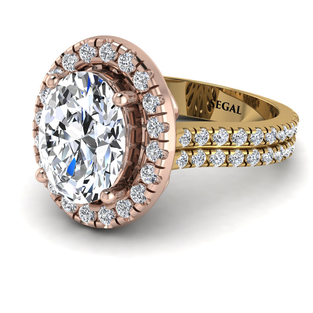 Two Tones Gorgeous Oval Cut Diamond Pave Double Shank Engagement Ring With Hidden Stone - Phoebe No. 76
