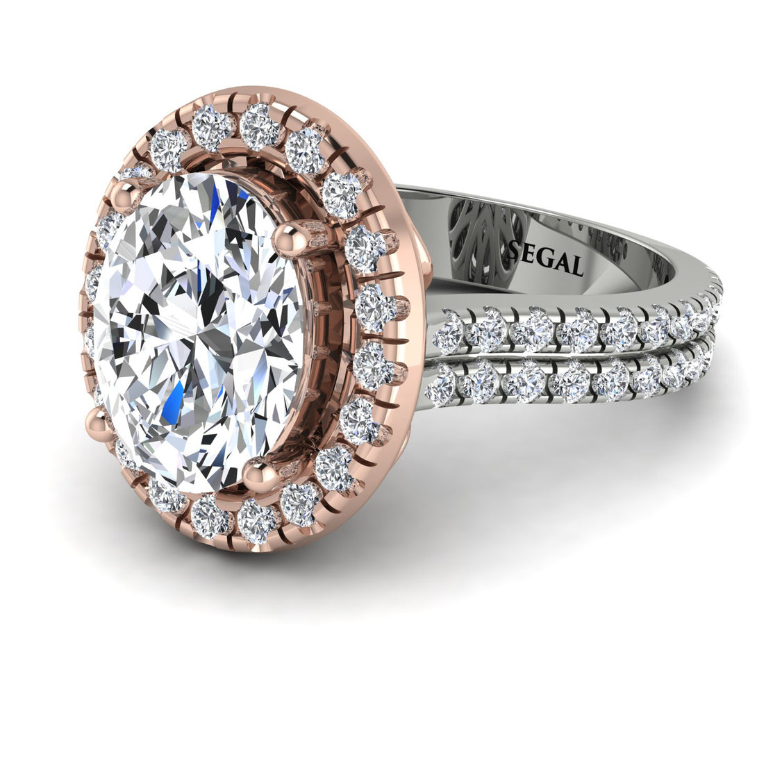 Two Tones Gorgeous Oval Cut Diamond Pave Double Shank Engagement Ring With Hidden Stone - Phoebe No. 78