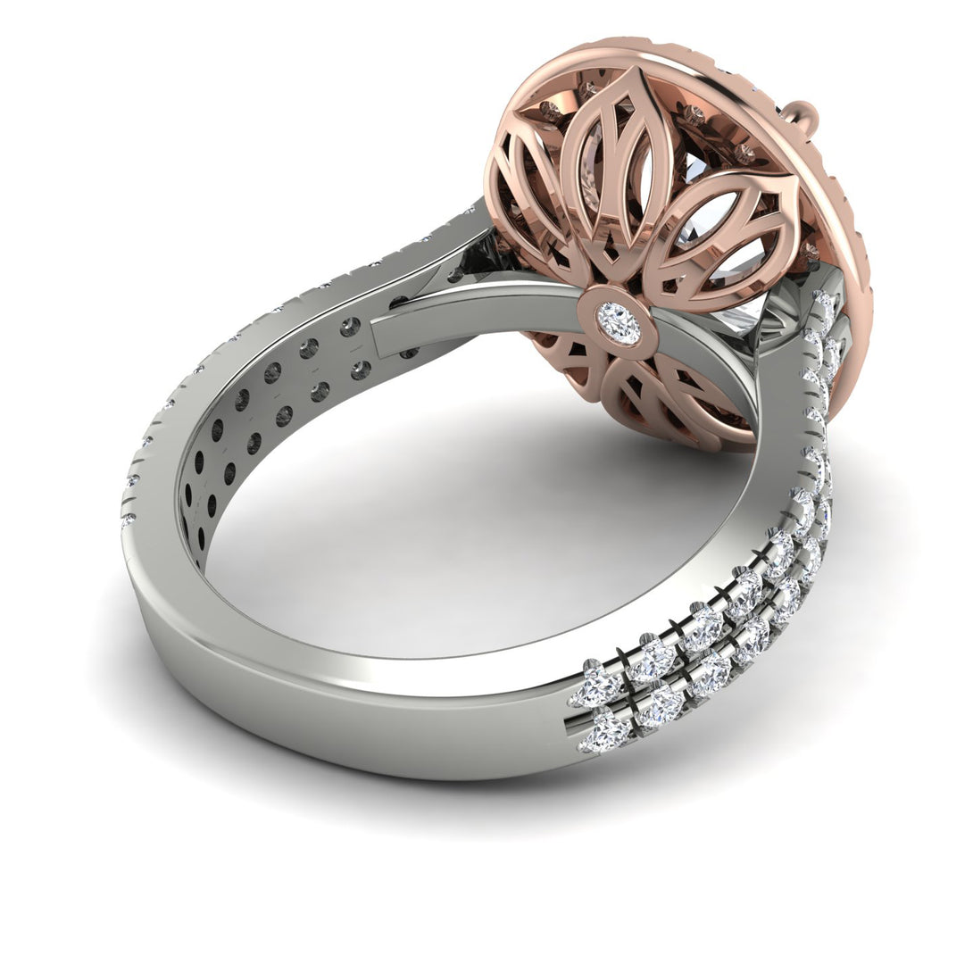 Two Tones Gorgeous Oval Cut Diamond Pave Double Shank Engagement Ring With Hidden Stone - Phoebe No. 78