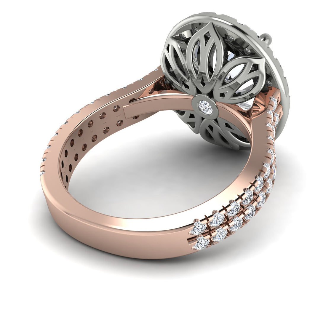 Two Tones Gorgeous Oval Cut Diamond Pave Double Shank Engagement Ring With Hidden Stone - Phoebe No. 78