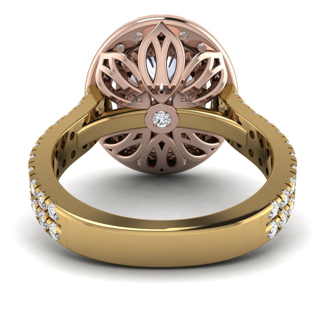 Two Tones Gorgeous Oval Cut Diamond Pave Double Shank Engagement Ring With Hidden Stone - Phoebe No. 76