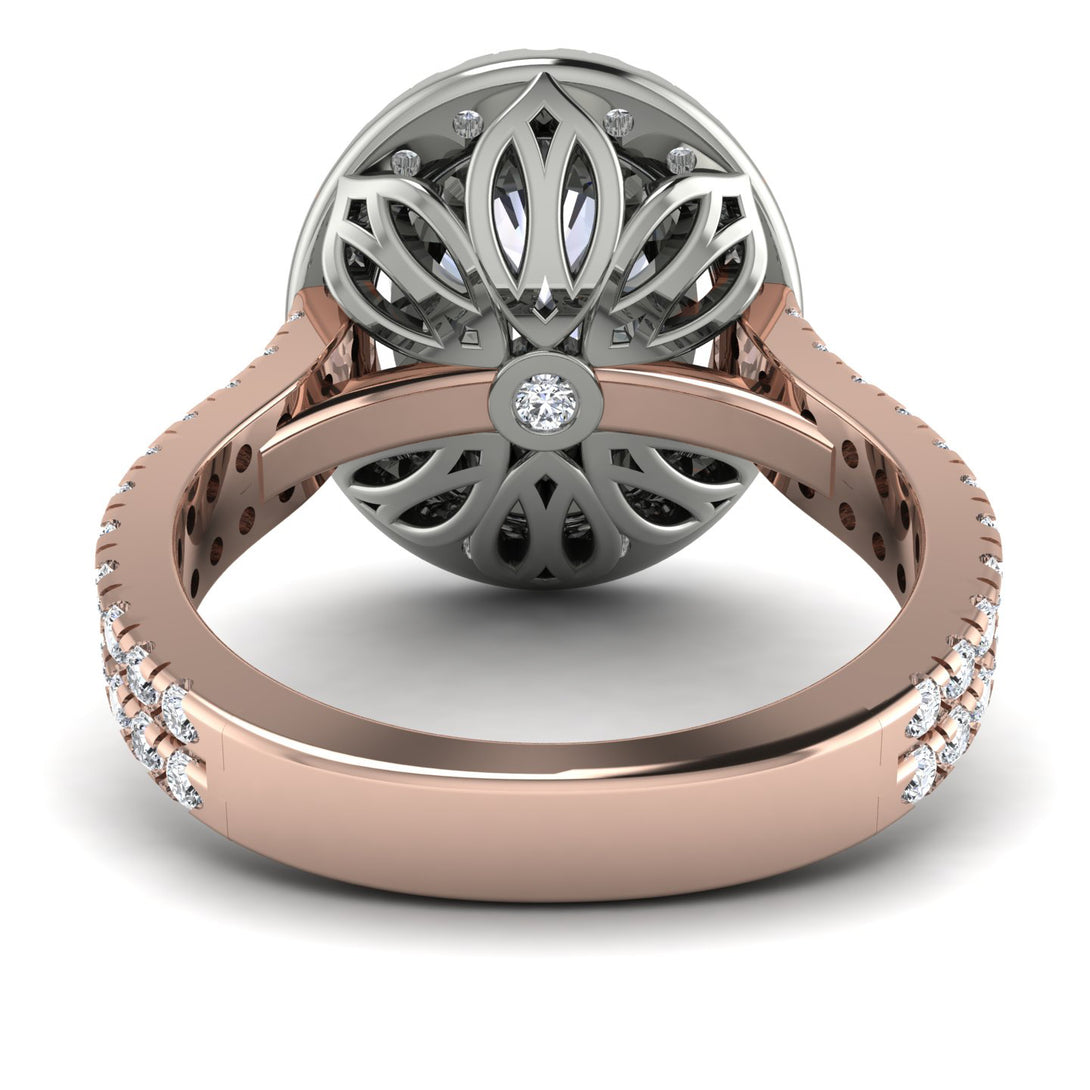 Two Tones Gorgeous Oval Cut Diamond Pave Double Shank Engagement Ring With Hidden Stone - Phoebe No. 78