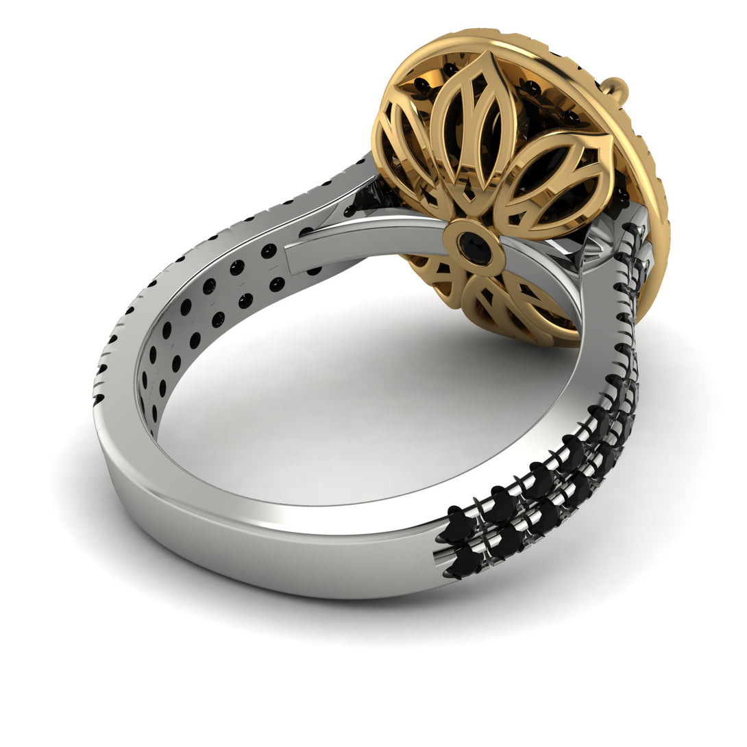 Two Tones Gorgeous Oval Cut Black Diamond Pave Double Shank Engagement Ring With Hidden Stone - Phoebe No. 80