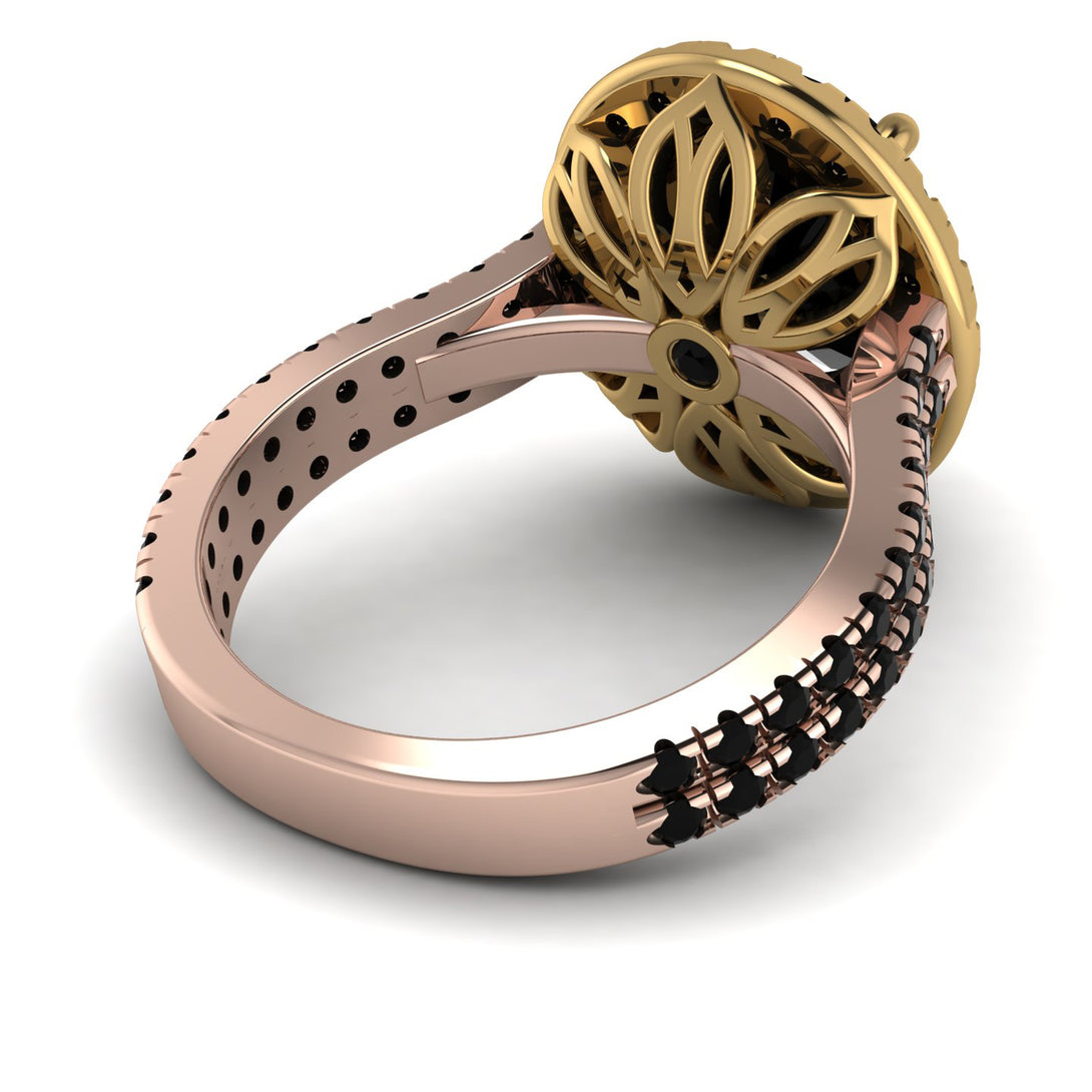 Two Tones Gorgeous Oval Cut Black Diamond Pave Double Shank Engagement Ring With Hidden Stone - Phoebe No. 79