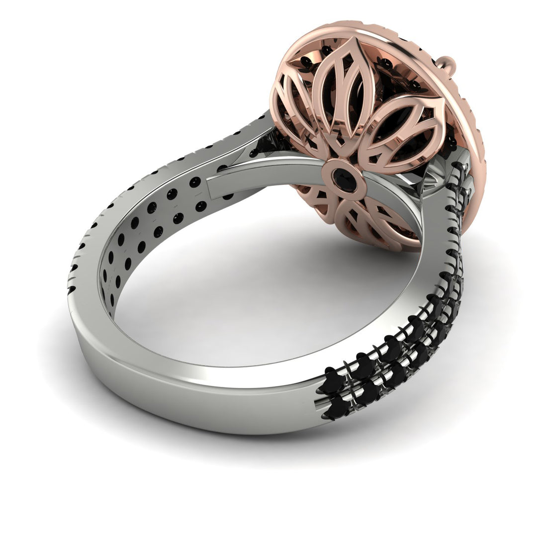 Two Tones Gorgeous Oval Cut Black Diamond Pave Double Shank Engagement Ring With Hidden Stone - Phoebe No. 81