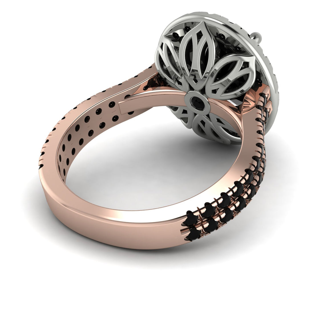 Two Tones Gorgeous Oval Cut Black Diamond Pave Double Shank Engagement Ring With Hidden Stone - Phoebe No. 81